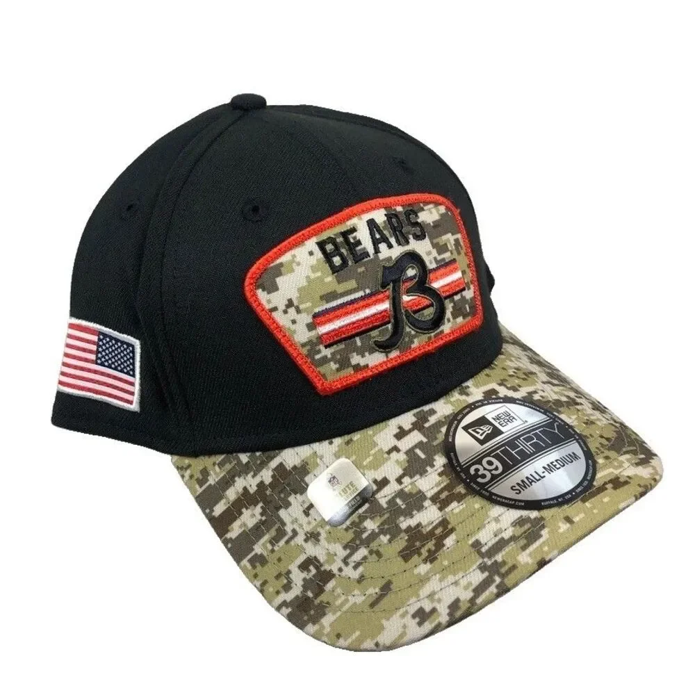 New Era Chicago Bears Salute To Service Hat Cap 39Thirty Flex S/M Black Camo NWT